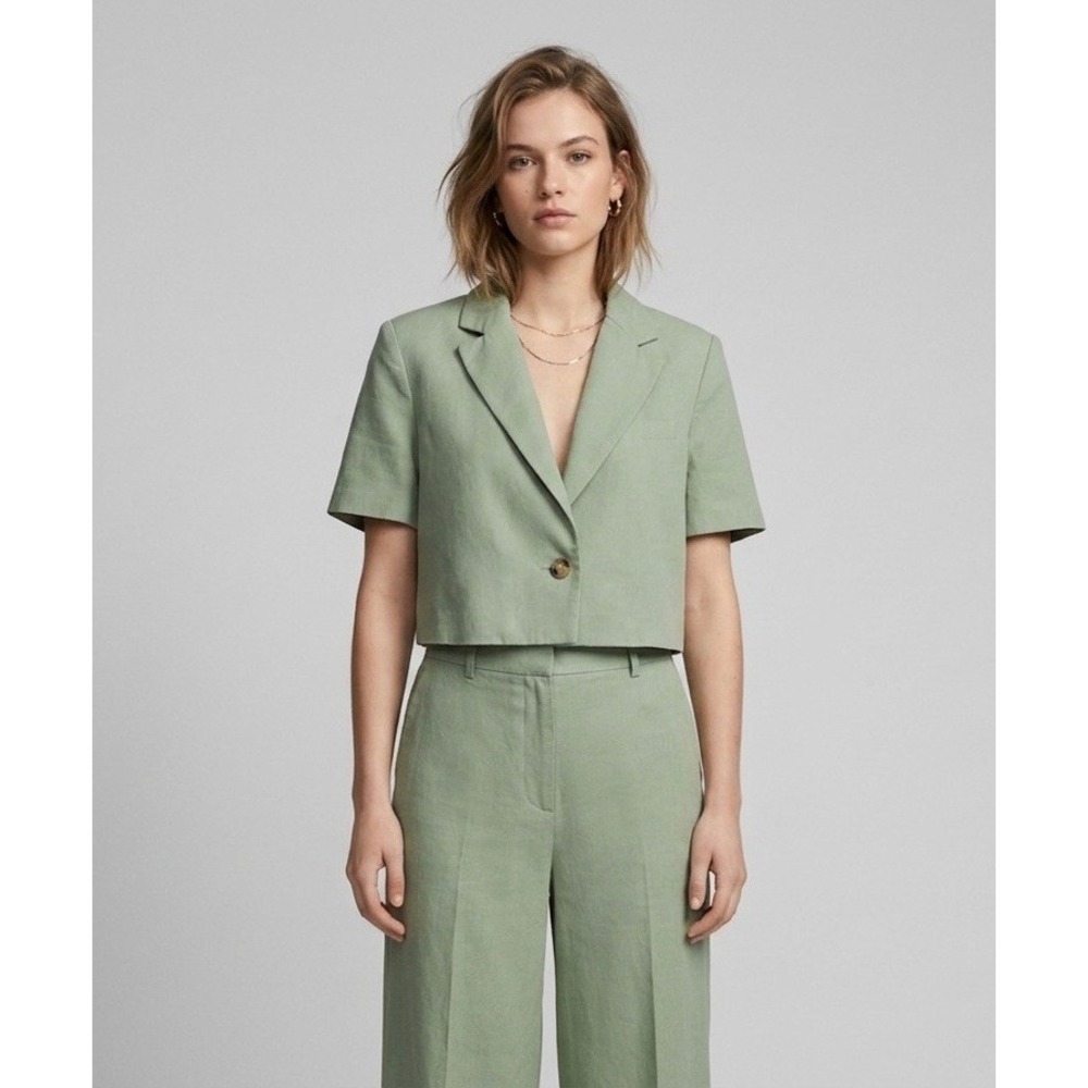 Zara Sage Green Cropped Linen Blend Short Sleeve Blazer Jacket Size XS